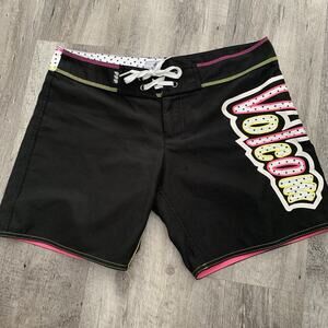 VOLCOM Miss Mod Swim Board Shorts Juniors Sz 7 Black Pink Spell Out